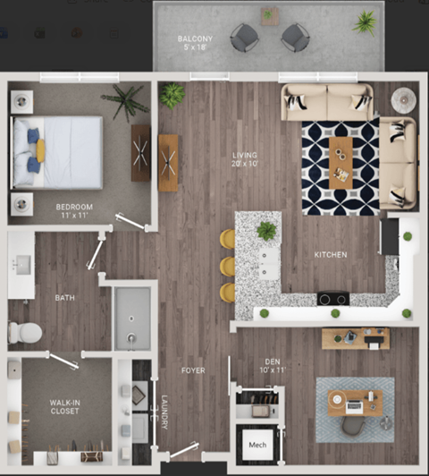 Floor plan for 1 bed, 1 bath, 963 sqft